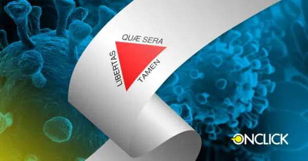 A imagem mostra um logotipo da empresa ONCLICK sobreposto a um fundo de células ou partículas que lembram o vírus da COVID-19. O logotipo está acompanhado de uma frase em latim "Quae sera tamen" que significa "Embora tarde, ainda assim". Esta imagem é muito relevante para o artigo "ONCLICK fecha parceria com Governo de Minas Gerais no combate ao COVID-19", pois ela representa visualmente a parceria entre a empresa ONCLICK e o governo estadual no enfrentamento da pandemia.