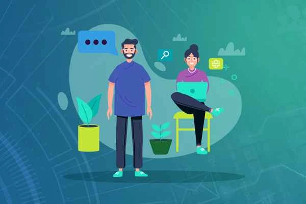 Ilustração vetorial de dois personagens em ambiente digital: homem em pé com smartphone e mulher sentada em cadeira amarela com laptop. Ambos com roupas casuais e tênis azul. Plantas, ícones de tecnologia e bolha de fala ao redor. Fundo verde com padrão de rede digital, sugerindo trabalho remoto ou equipe de tecnologia. Imagem do artigo de release do onclick kpl start.