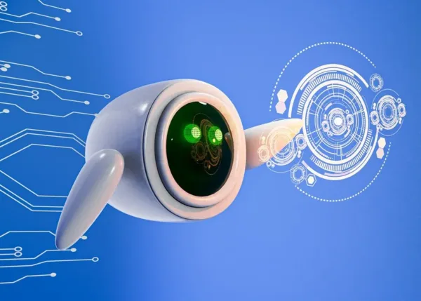 A imagem exibe uma câmera de segurança com um olho verde, o que indica que a câmera está ativa e funcionando corretamente. Ao redor da câmera, há um diagrama de circuito integrado com um cérebro humano, o que sugere a ideia de processamento de imagens e análise de dados por uma inteligência artificial (IA). No contexto do artigo "Como o RPA e a Inteligência Artificial atuam na eficiência operacional das empresas", a imagem pode ser usada para ilustrar a importância de sistemas de vigilância e segurança na eficiência operacional das empresas, especialmente com a integração de IA. A câmera de segurança representa a proteção contra ameaças ou intrusões, enquanto o cérebro com circuitos simboliza a capacidade da IA de processar e analisar informações complexas, como imagens e vídeos, para melhorar a tomada de decisão e a eficiência operacional.