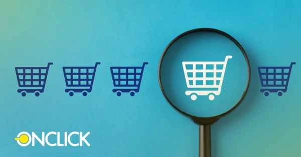 Imagem com fundo azul claro mostrando vários ícones de carrinhos de compras, um deles ampliado por uma lupa, simbolizando análise ou pesquisa em e-commerce. O logo da ONCLICK aparece no canto inferior esquerdo, indicando que se trata de uma solução relacionada ao comércio eletrônico ou análise de mercado de vendas online.