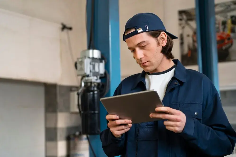 A imagem mostra um técnico industrial usando um tablet para monitorar equipamentos em uma fábrica, representando a utilização de tecnologia para a manutenção preditiva. No contexto do artigo, isso reflete como a manutenção preditiva, que usa dados e análise para prever falhas, pode beneficiar a indústria 4.0, otimizando o tempo de inatividade, reduzindo custos e melhorando a eficiência e a qualidade dos processos produtivos.