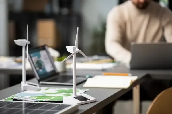 A imagem exibe um ambiente de trabalho com uma mesinha contendo uma solar panel (painel solar), dois modelos de eólicos (turbinas de vento), um tablet, um smartphone e um laptop. Esses elementos refletem a integração de tecnologias renováveis no dia a dia dos negócios, o que é relevante para o artigo sobre o "Impacto de ferramentas tecnológicas renováveis no negócio". A presença desses dispositivos e modelos sugere a exploração de fontes de energia limpa e a adoção de soluções sustentáveis, que podem reduzir custos, melhorar a eficiência energética e reforçar a imagem de responsabilidade ambiental da empresa.