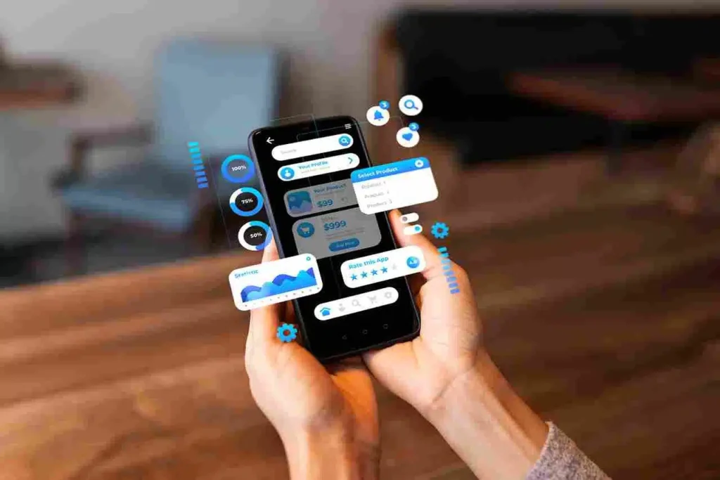 A imagem mostra uma tela de smartphone exibindo diversos elementos visuais e interativos típicos de um "super app", ou seja, um aplicativo que integra múltiplas funcionalidades em uma única plataforma.
