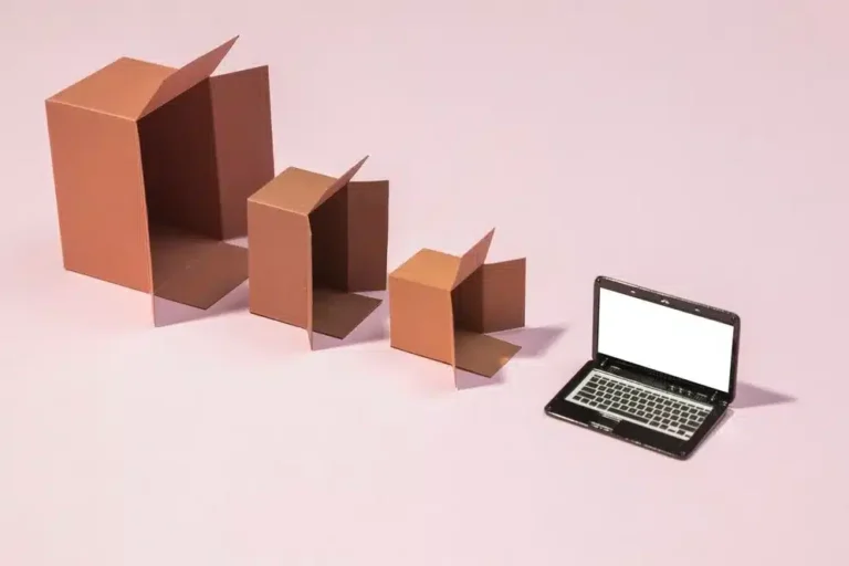 A imagem apresenta um notebook com tela em branco e três caixas de papelão de diferentes tamanhos, dispostas de forma crescente, do menor para o maior, ao lado do notebook. As caixas estão abertas e vazias, e o notebook está ligado, mas sem exibir nenhum conteúdo específico. No contexto do artigo "Módulos ERP: o que são e para que servem?", a imagem pode ser usada para ilustrar a ideia de que os módulos ERP são componentes distintos e escaláveis de um sistema de planejamento empresarial, similarmente às caixas de diferentes tamanhos.