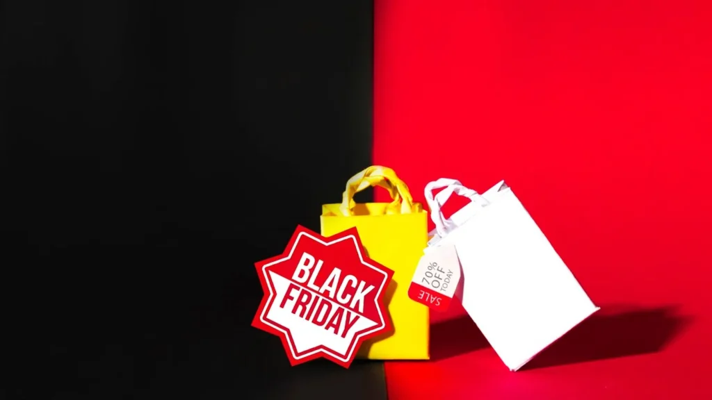 A imagem representa uma das principais promoções de compras do ano, a Black Friday. Ela mostra duas sacolas de compras, uma amarela e uma branca, juntas com um selo vermelho que diz "BLACK FRIDAY". A sacola branca carrega um rótulo que anuncia "70% OFF TODAY", o que indica uma grande promoção de desconto. A sacola amarela e branca, juntamente com o selo, simbolizam a celebração e a oportunidade de economizar dinheiro durante essa data.