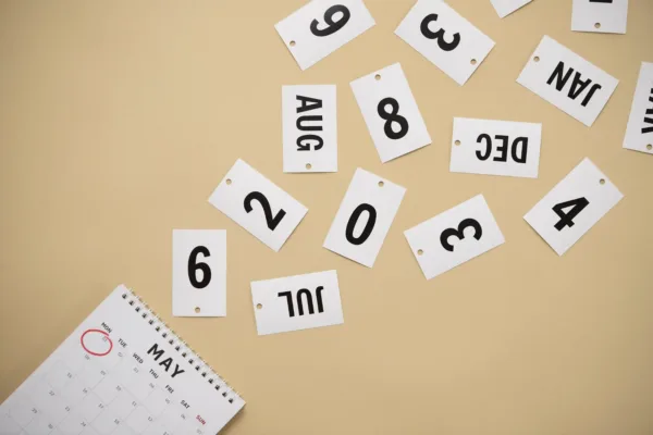 A imagem apresenta um calendário de maio com o dia 6 circulado em vermelho, ao redor deleitos de cartões com números e letras espalhados de forma desordenada. Os cartões mostram os números 0, 2, 3, 4, 6, 8 e 9, e as letras "AUG" e "JUN", que podem fazer parte de datas ou meses. No contexto do artigo "Descubra as principais datas do varejo", a imagem pode ser usada para ilustrar a importância de se lembrar as datas importantes do varejo, como feriados, promoções e eventos que afetam as vendas.