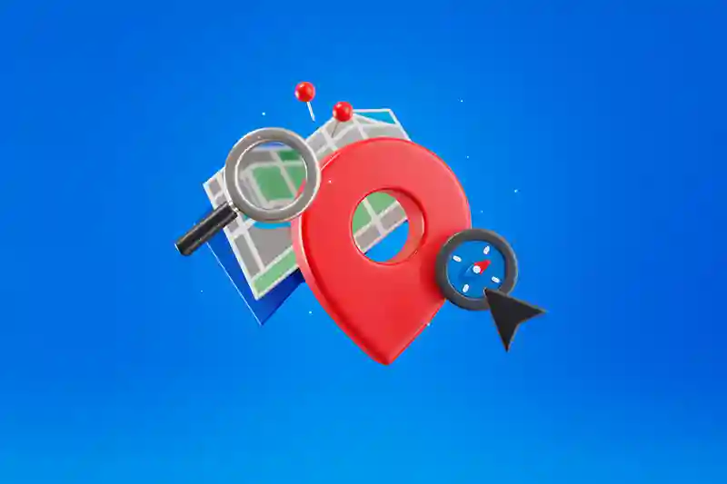 Incluí termos cruciais de descoberta para 2026 como "motores de resposta de IA", "ChatGPT e Gemini" e "buscas locais", garantindo relevância para indexação sobre a nova era do SEO (GEO - Generative Engine Optimization). A estética de ícones 3D flutuantes remete diretamente ao design moderno de interfaces visuais de aplicativos mobile, criando conexão com a experiência do usuário em apps de mapas e compras. Descrição focada nos elementos universais de geolocalização (pin, mapa e bússola), conversando exatamente com o núcleo do artigo.